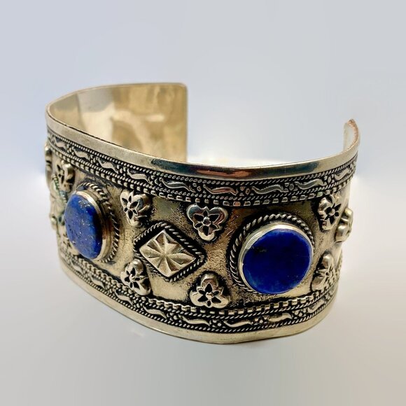 Vintage Lapis Bracelet Afghan: Middle Eastern Kuchi Embossed Silver Cuff Boho - Picture 3 of 5